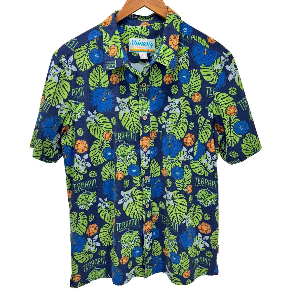 Shinesty Shirt Mens Large TERRAPIN BEER CO Tropical Blue Green Button Up Floral